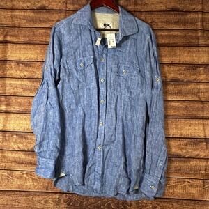 Joseph Abboud Heritage Mens Blue 100% Linen Roll Tab Button Down Shirt M NEW